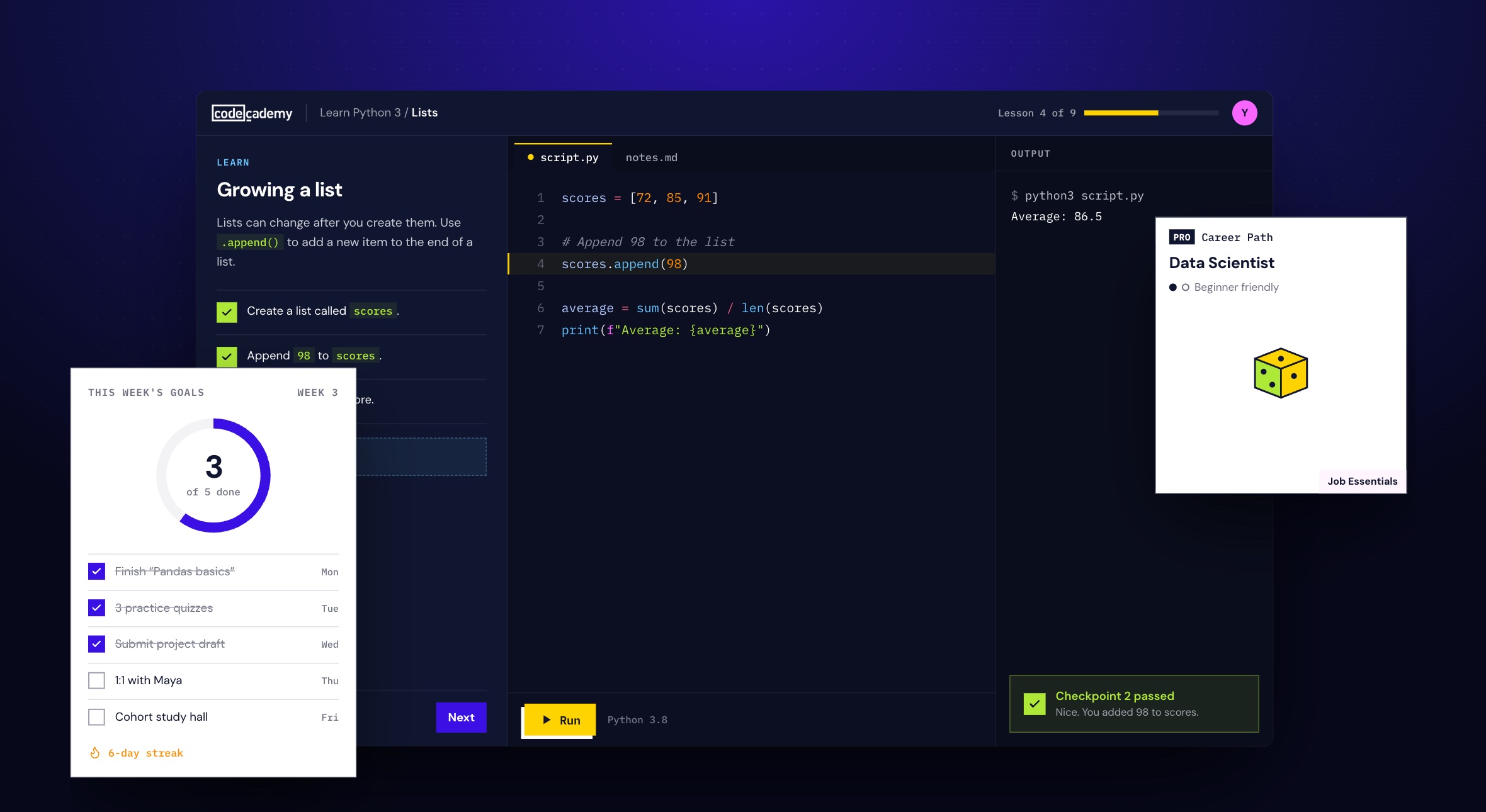 Codecademy learning environment with a learner's weekly goals