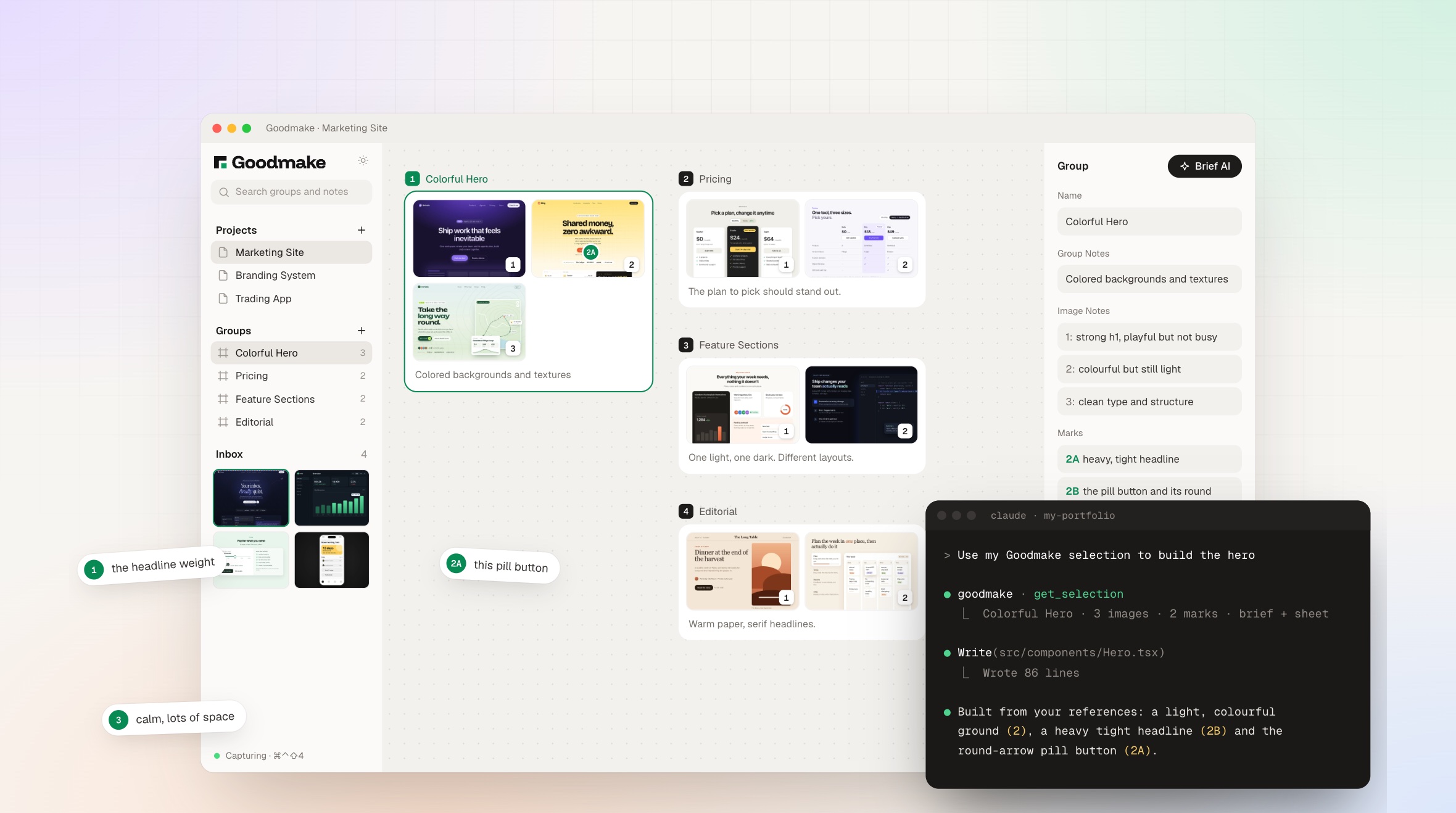 Goodmake app, a project board of saved references