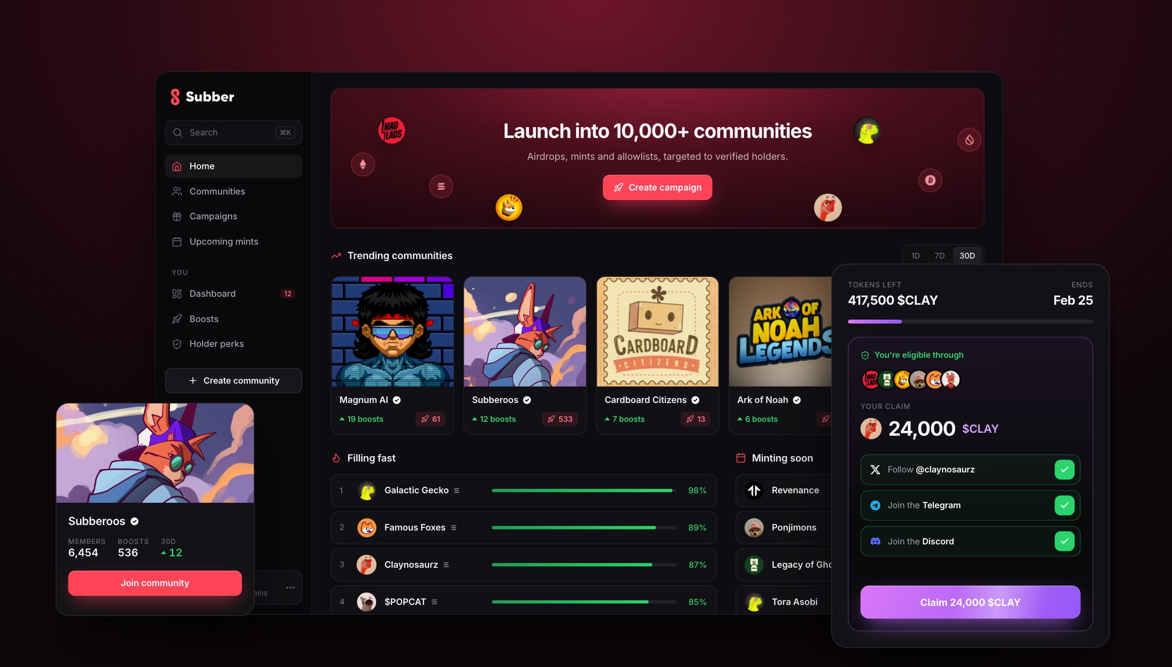 Subber app, a community launch page with a claim widget